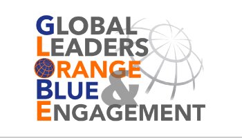Global Leaders Orange & Blue Engagement (GLOBE) logo with orange, blue, and grey lettering and wireframe globe illustration